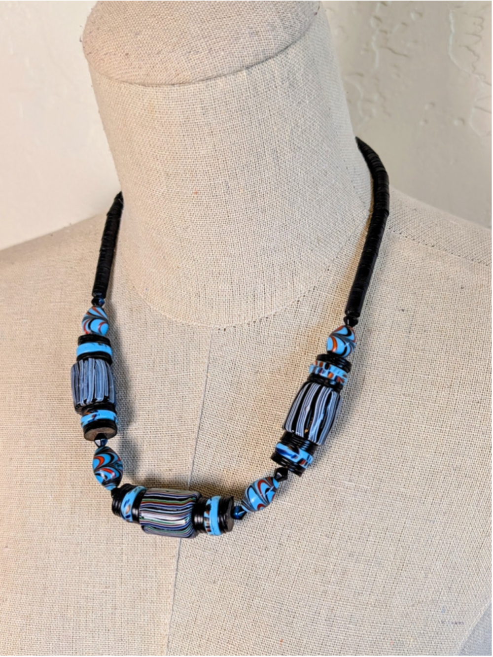 Boho 20in Black Heishi Necklace Blue Orange Glass Batik Style Bead Statement